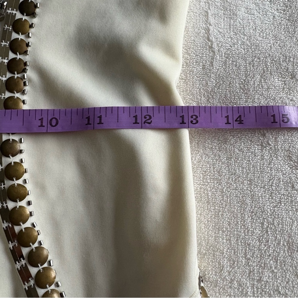 Bebe Cream Bodycon Sleeveless Mini Dress with Gold Studs & Sequins - Sexy Party - Picture 14 of 16